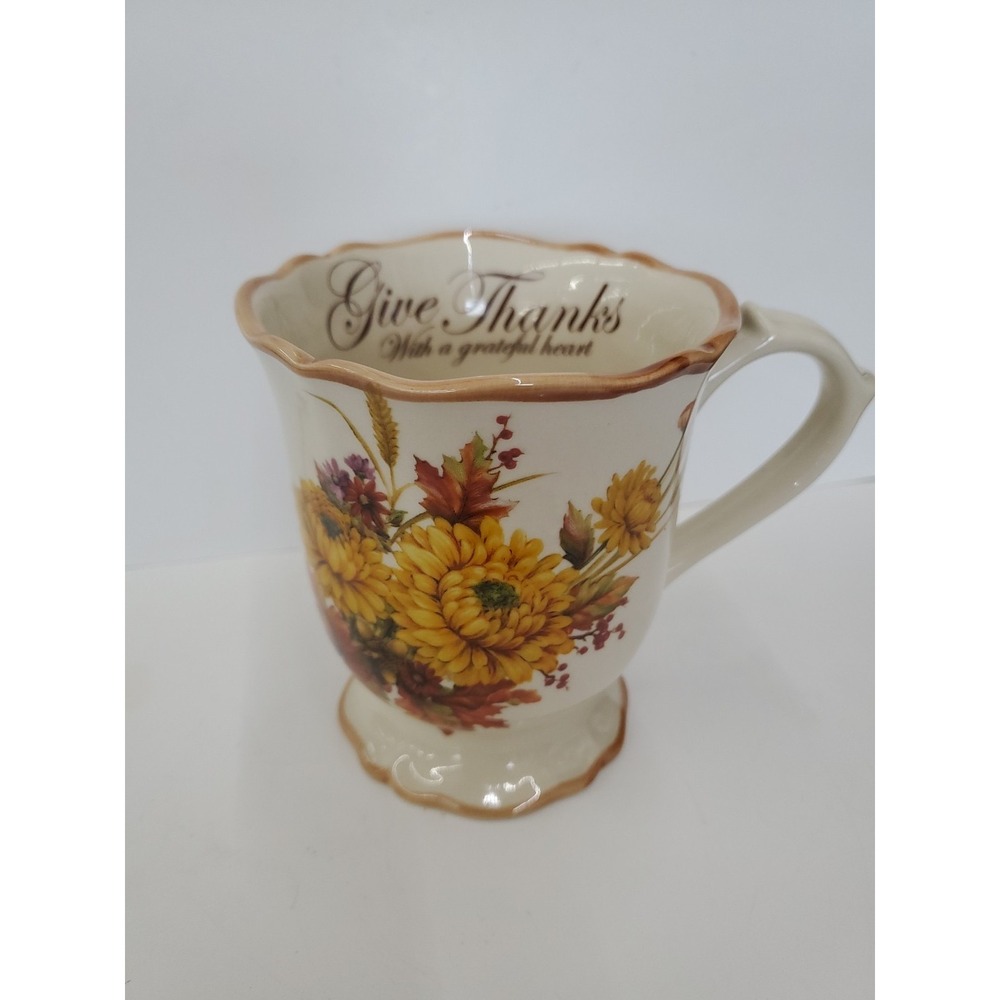 Cracker Barrel Give Thanks Coffee Tea Mug Cup Pedestal Fall Floral Thanksgiving